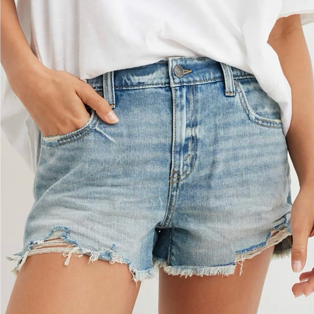 aerie Light Blue Distressed High-Rise Denim Shorts